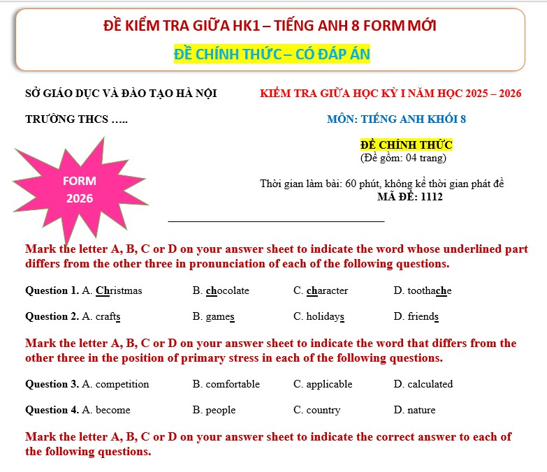 Đề kiểm tra giữa học kì 1 tiếng anh 8 global success From 2026 có đáp án